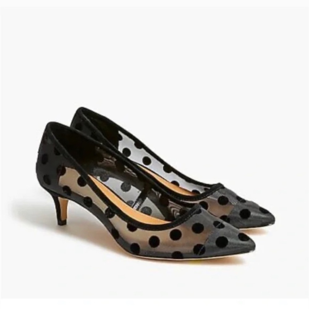 J.Crew Esme polka dot velvet mesh pumps heels shoes kitten heel size 8